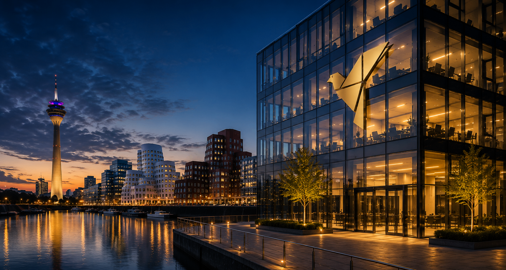Luxaro Group – Medienhafen Düsseldorf mit Rheinturm bei Nacht